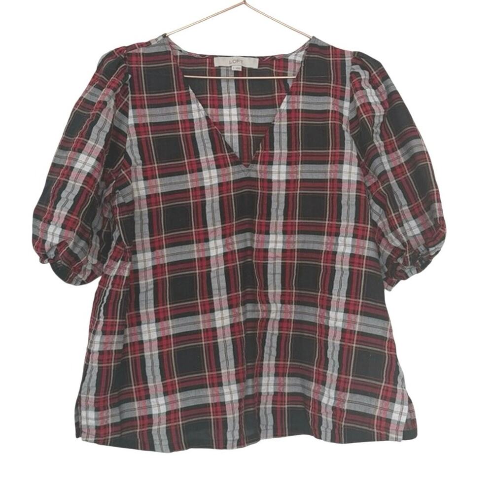 LOFT Black and Red Checkered plaid Puff Sleeve Blouse size small